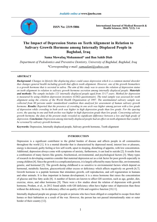 The Impact of Depression Status on Teeth Alignment in Relation to Salivary Growth Hormone among Internally Displaced Peo