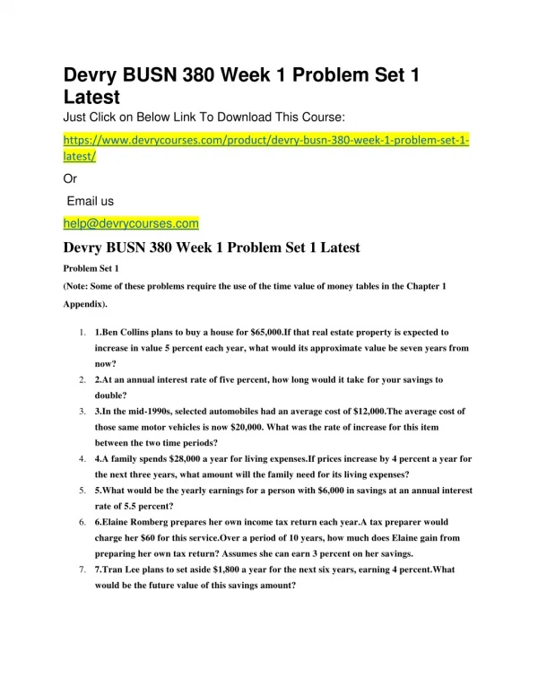 Devry BUSN 380 Week 1 Problem Set 1 Latest