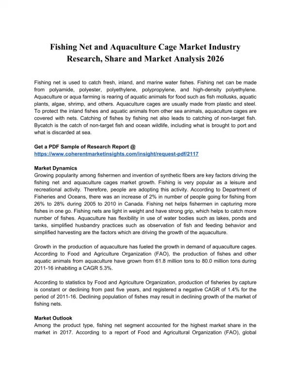 Fishing Net and Aquaculture Cage Market Industry Research, Share and Market Analysis 2026