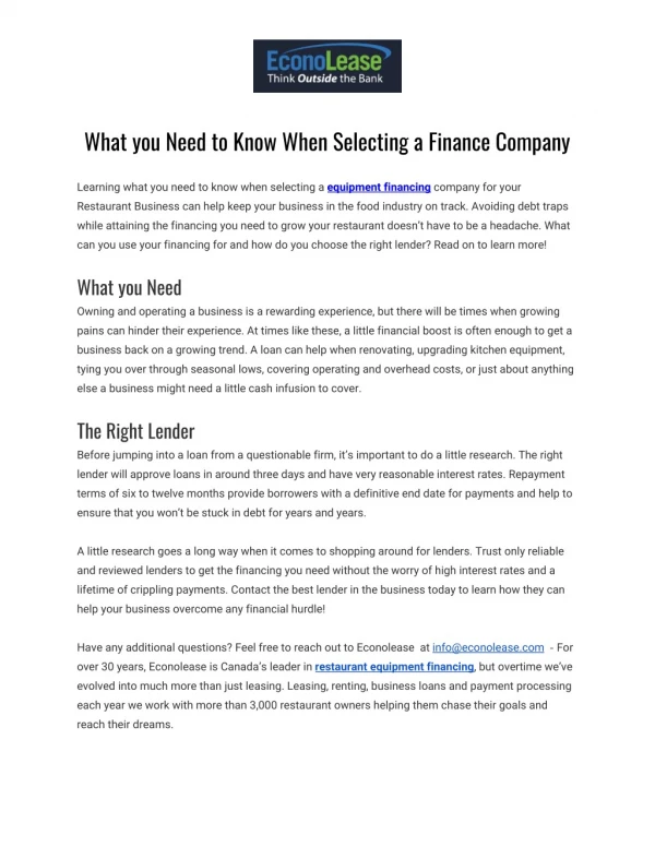 What You Need to Know When Selecting A Finance Company