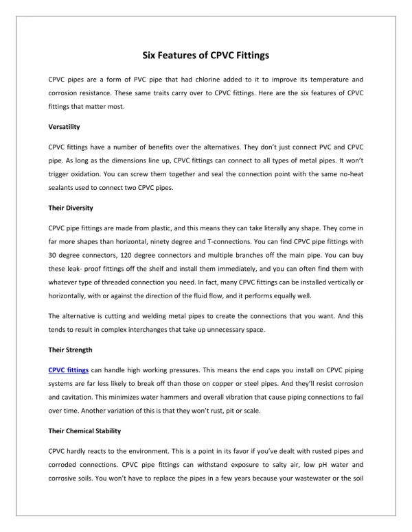 Six Features of CPVC Fittings