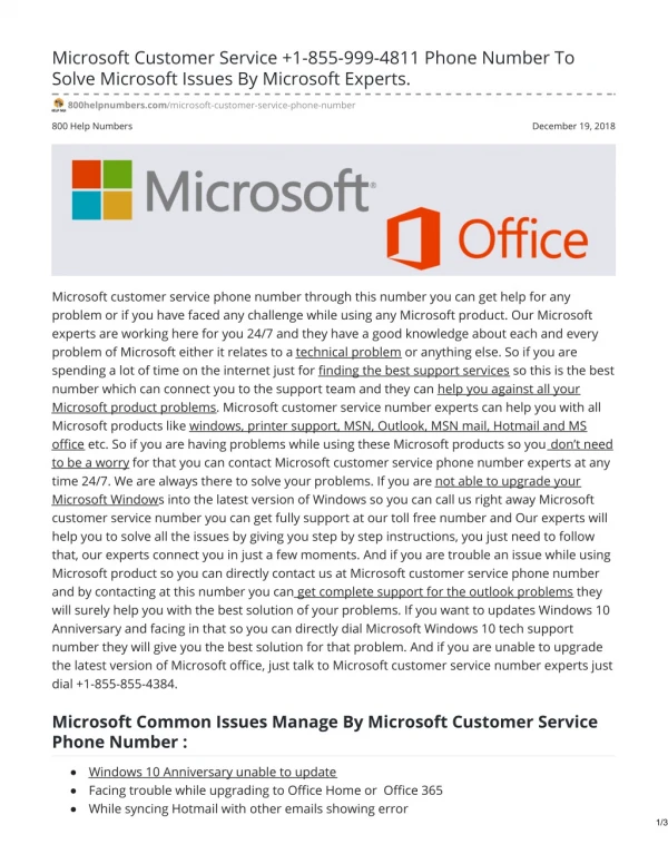 Microsoft Customer Service 1-855-999-4811 Phone Number To Solve Microsoft Issues By Microsoft Experts