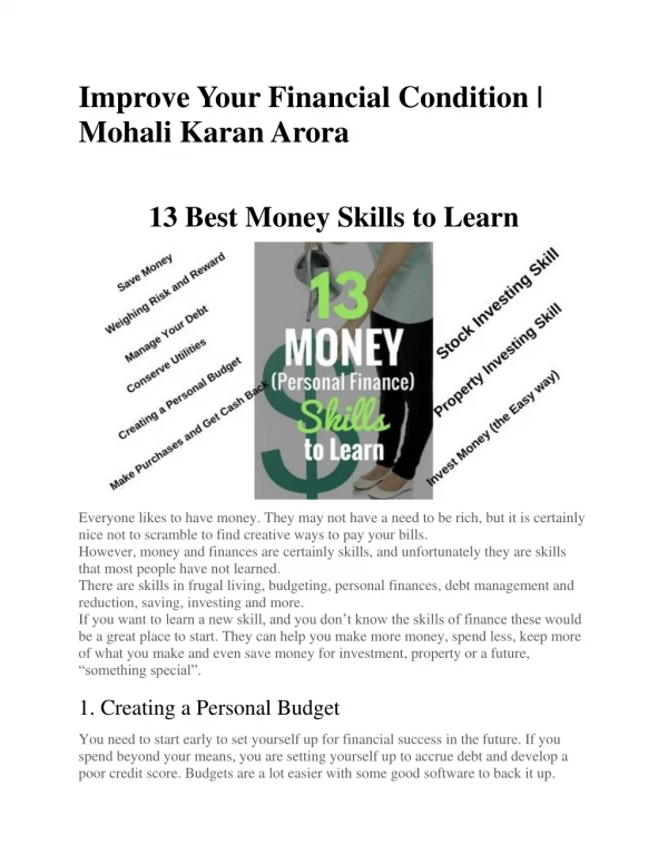 Improve Your Financial Condition | Mohali Karan Arora