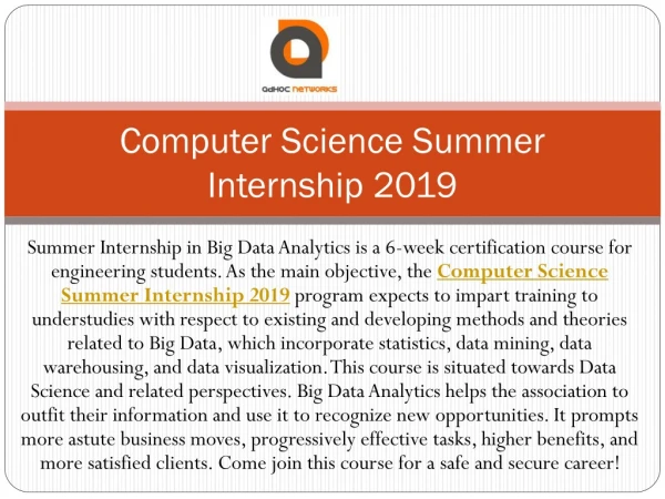 B.Tech Computer Science Summer Internship 2019
