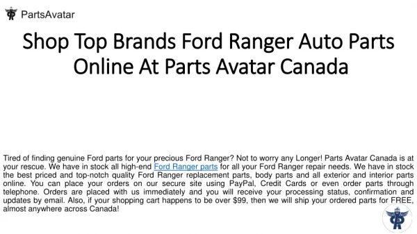 Buy Best Ford Ranger Parts Online at Parts Avatar Canada.
