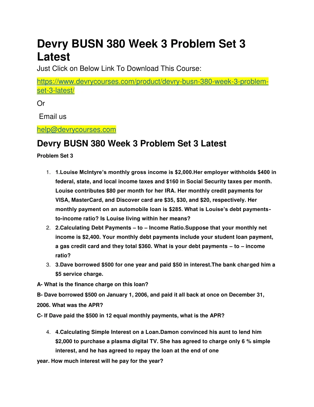 devry busn 380 week 3 problem set 3 latest just