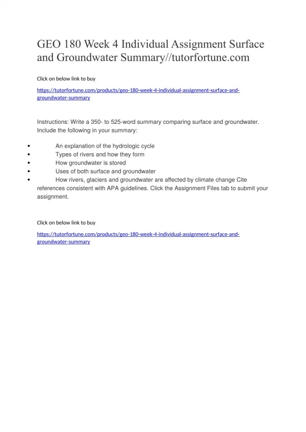 GEO 180 Week 4 Individual Assignment Surface and Groundwater Summary//tutorfortune.com