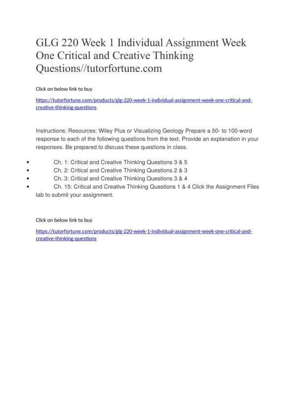 GLG 220 Week 1 Individual Assignment Week One Critical and Creative Thinking Questions//tutorfortune.com