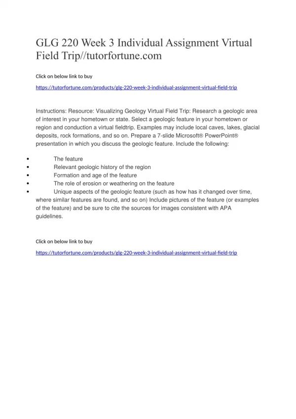 GLG 220 Week 3 Individual Assignment Virtual Field Trip//tutorfortune.com