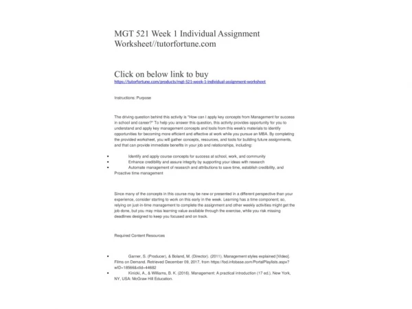MGT 521 Week 1 Individual Assignment Worksheet//tutorfortune.com
