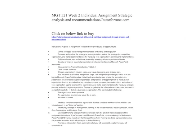 MGT 521 Week 2 Individual Assignment Strategic analysis and recommendations//tutorfortune.com
