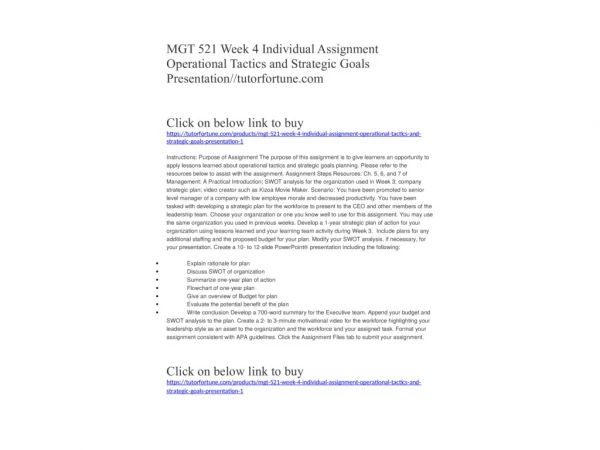 MGT 521 Week 4 Individual Assignment Operational Tactics and Strategic Goals Presentation//tutorfortune.com