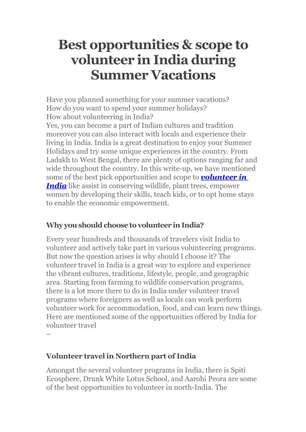 best opportunities and scope to volunteer in india during summer vacations