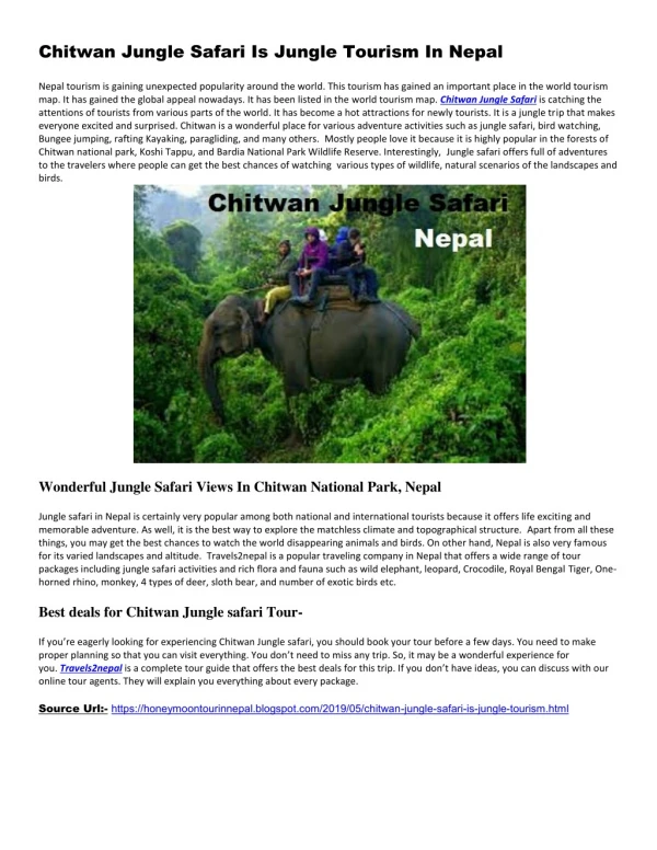 Chitwan Jungle Safari Is Jungle Tourism In Nepal