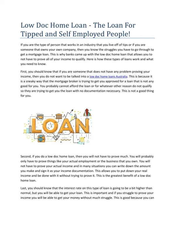 Low Doc Home Loan - The Loan For Tipped and Self Employed People!
