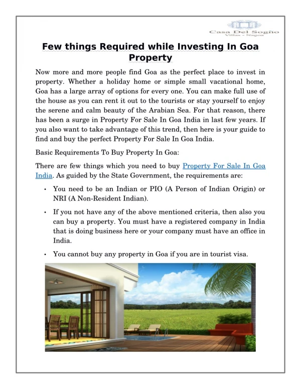 Few things Required while Investing In Goa Property