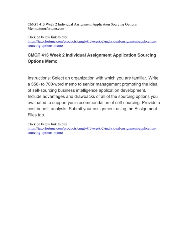 CMGT 413 Week 2 Individual Assignment Application Sourcing Options Memo//tutorfortune.com
