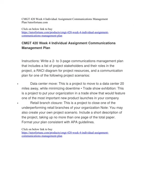 CMGT 420 Week 4 Individual Assignment Communications Management Plan//tutorfortune.com