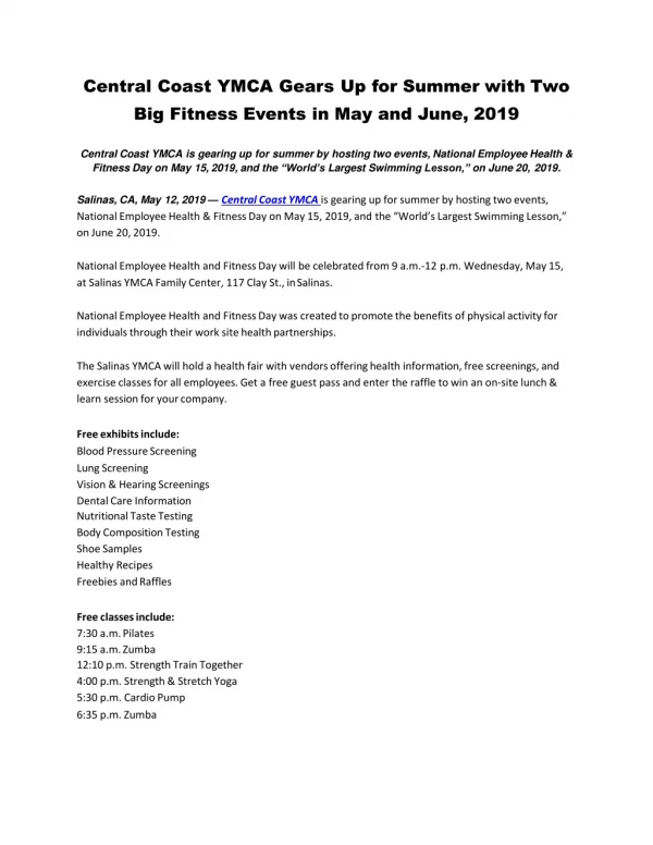 Central Coast YMCA Gears Up for Summer with Two Big Fitness Events in May and June, 2019