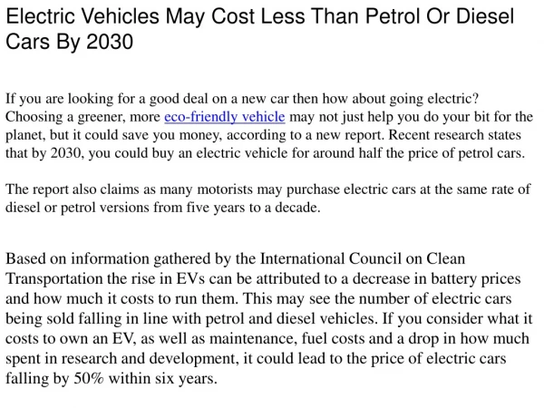 Electric Vehicles May Cost Less Than Petrol Or Diesel Cars By 2030