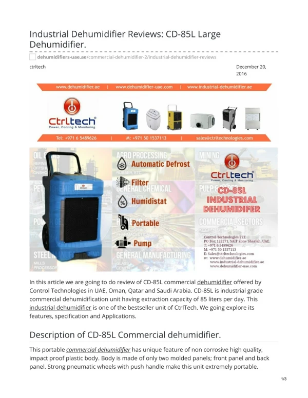 Industrial Dehumidifier Reviews: CD-85L Large Dehumidifier. #dehumidifiers