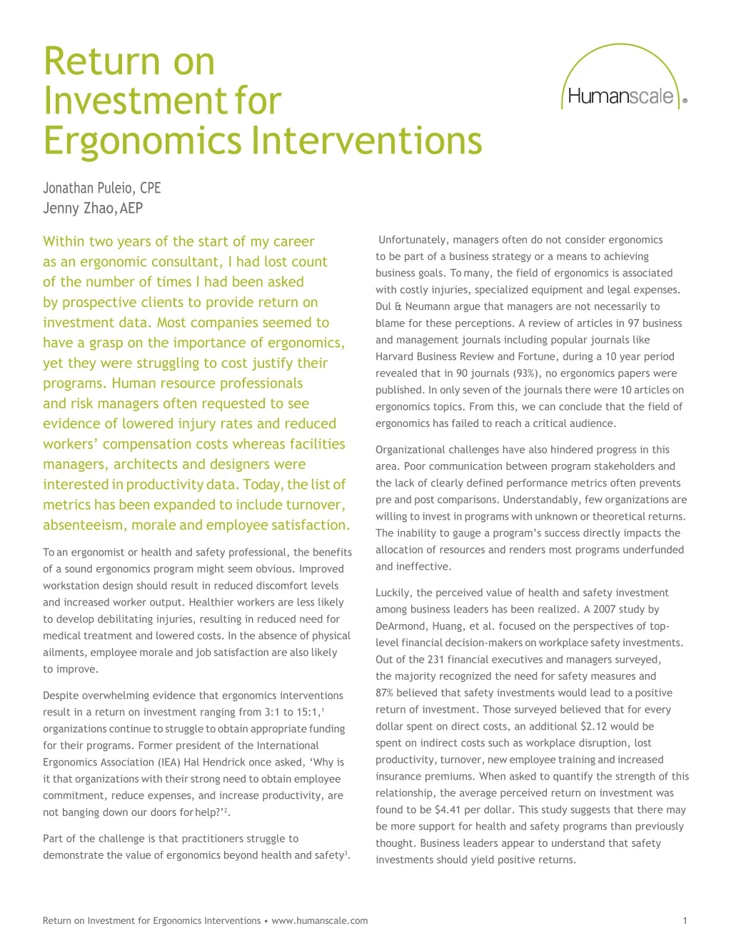 return on investment for ergonomics interventions