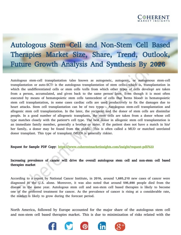 Autologous Stem Cell and Non-Stem Cell Based Therapies Market Current Trends to 2026