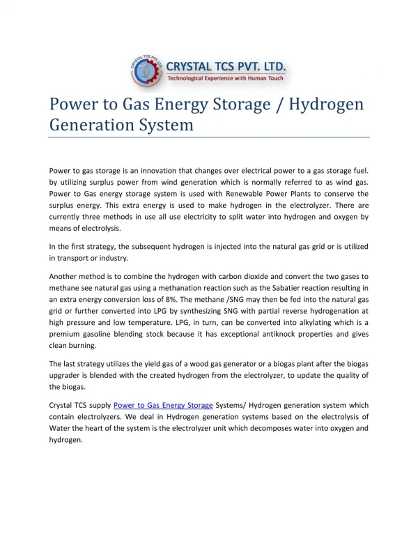 Power to Gas Energy Storage / Hydrogen Generation System