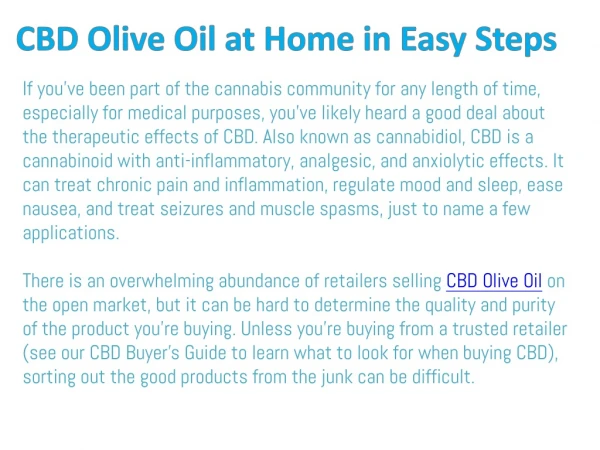 CBD Olive Oil at Home in Easy Steps