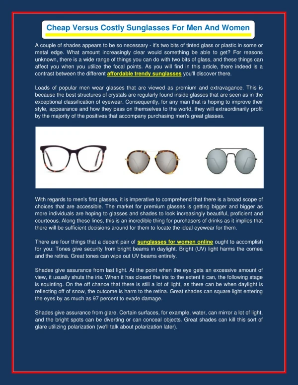 Cheap Versus Costly Sunglasses For Men And Women
