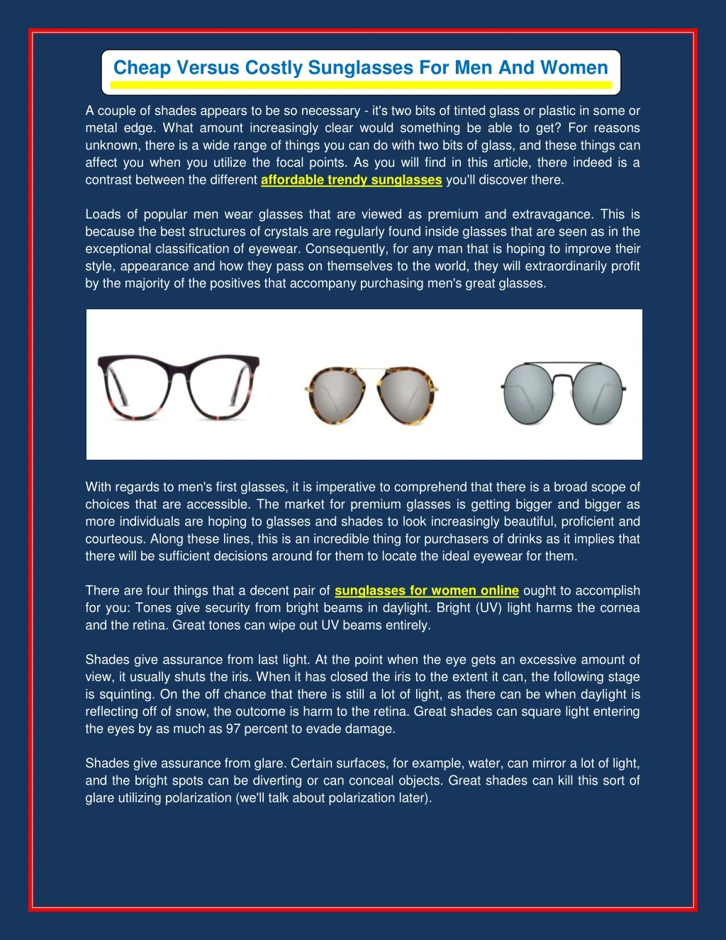 cheap versus costly sunglasses for men and women