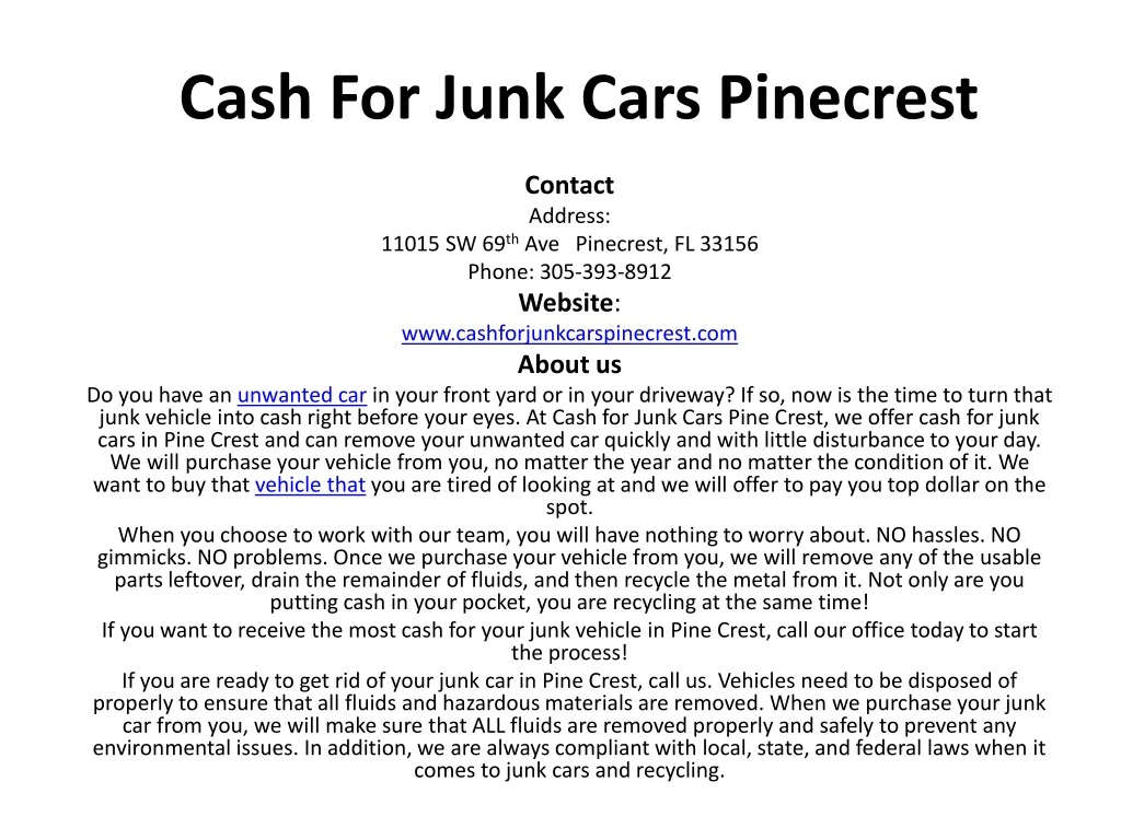 cash for junk cars pinecrest