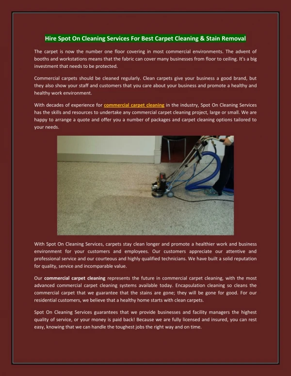 Hire Spot On Cleaning Services For Best Carpet Cleaning & Stain Removal