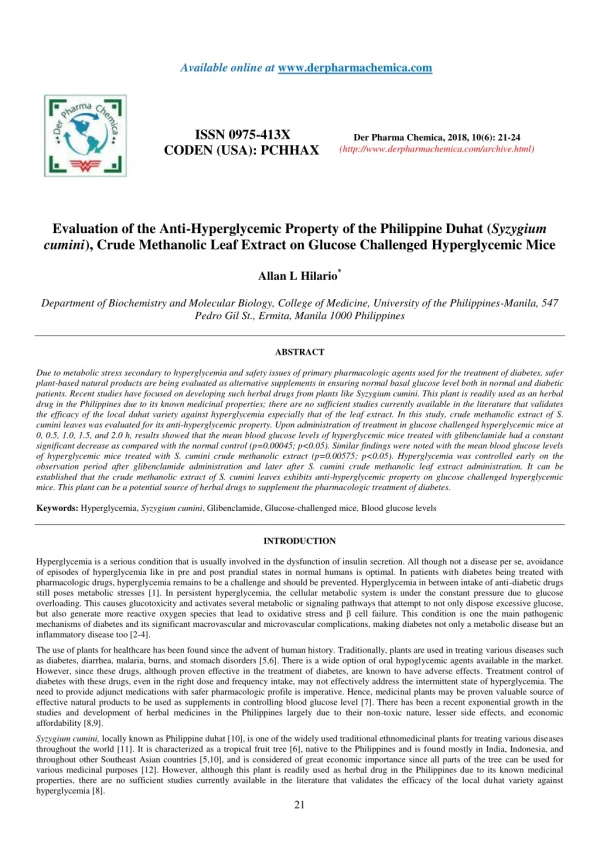 Evaluation of the Anti-Hyperglycemic Property of the Philippine Duhat (Syzygium cumini), Crude Methanolic Leaf Extract o