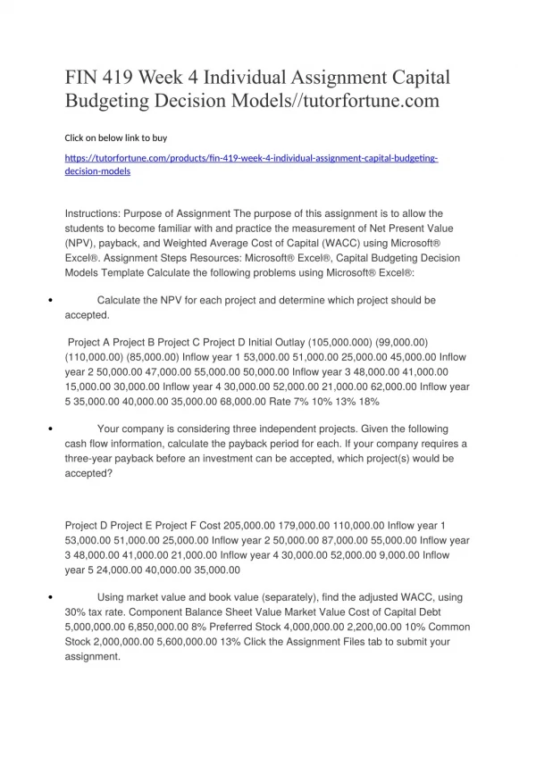 FIN 419 Week 4 Individual Assignment Capital Budgeting Decision Models//tutorfortune.com