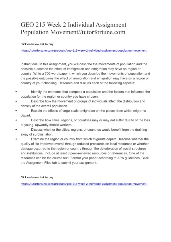 GEO 215 Week 2 Individual Assignment Population Movement//tutorfortune.com