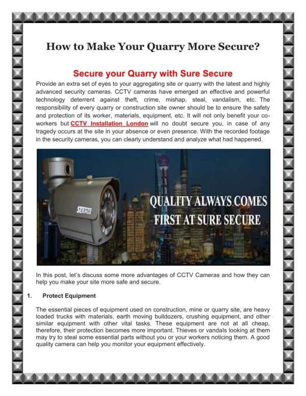 How to Make Your Quarry More Secure? Contact us at Sure Secure to install CCTV cameras in London.