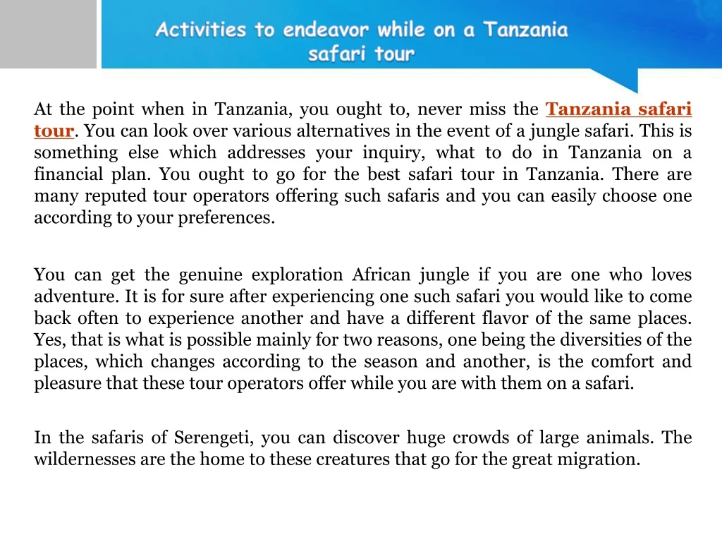 activities to endeavor while on a tanzania safari