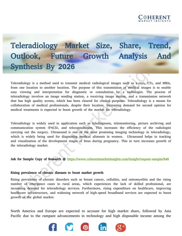 Teleradiology Market to Witness Exponential Growth by 2018 to 2026