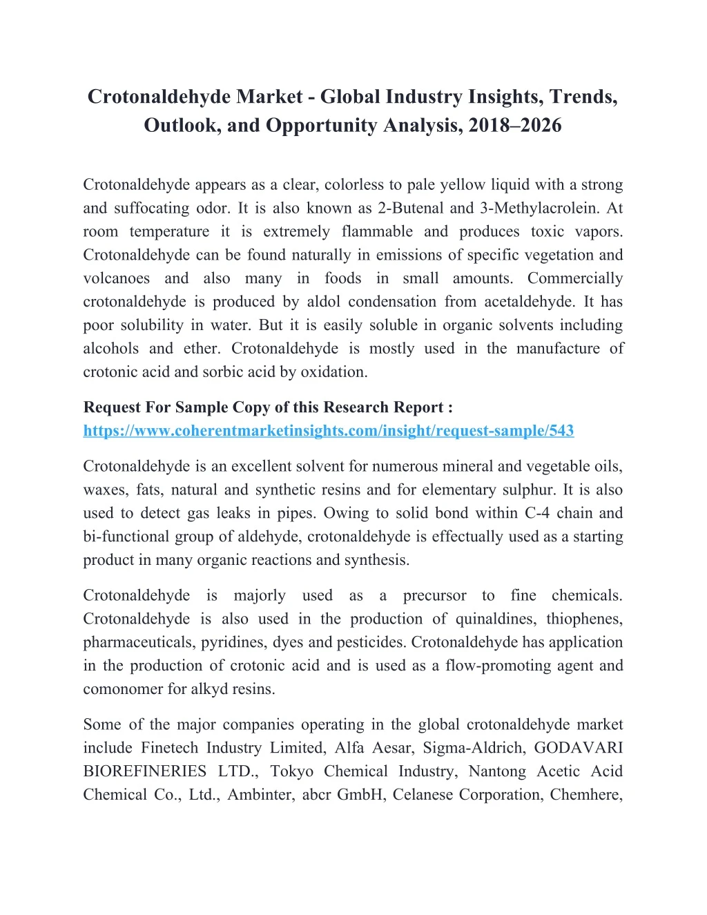 crotonaldehyde market global industry insights