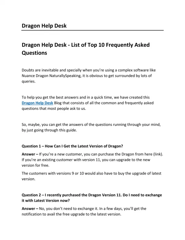 Dragon Help Desk - List of Top 10 Frequently Asked Questions