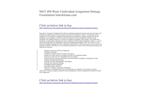 MGT 498 Week 4 Individual Assignment Strategy Formulation//tutorfortune.com