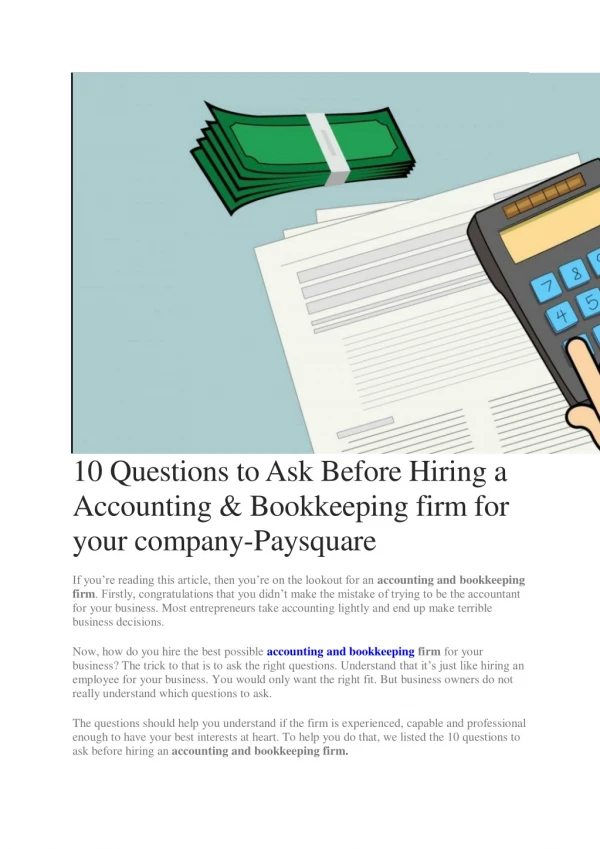 10 Questions to Ask Before Hiring a Accounting & Bookkeeping firm for your company-Paysquare