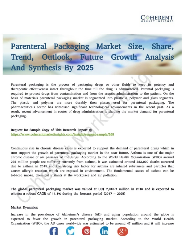 Parenteral Packaging Market to Reflect Impressive Growth Rate During 2017-2025