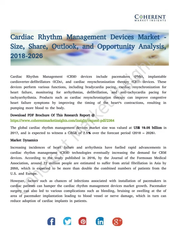 Cardiac Rhythm Management Devices Market - Size, Share, Outlook, and Opportunity Analysis, 2018-2026