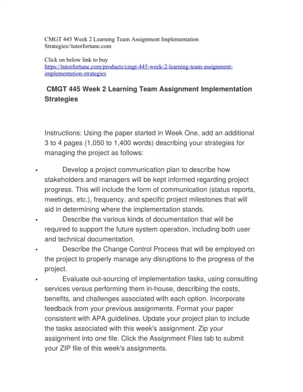 CMGT 445 Week 2 Learning Team Assignment Implementation Strategies//tutorfortune.com