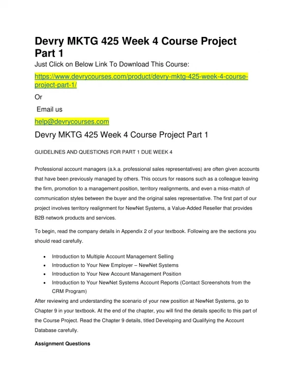 Devry MKTG 425 Week 4 Course Project Part 1