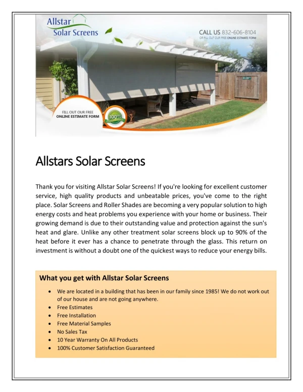 Allstars Solar Screens - Contact us today at 832-606-8104