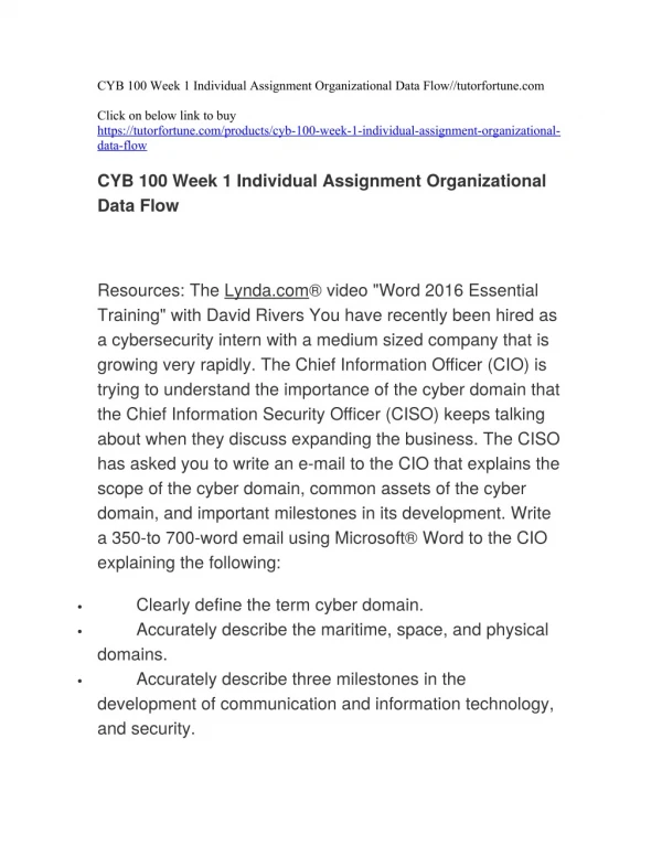 CYB 100 Week 1 Individual Assignment Organizational Data Flow//tutorfortune.com
