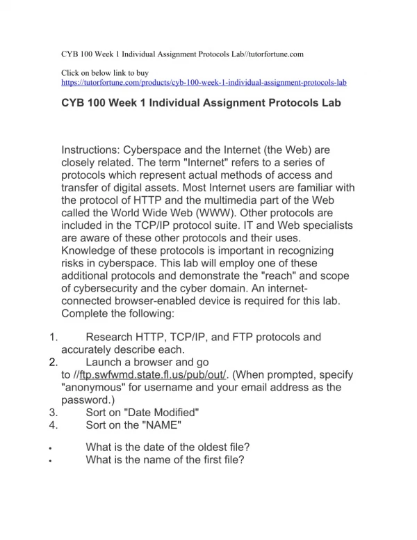 CYB 100 Week 1 Individual Assignment Protocols Lab//tutorfortune.com
